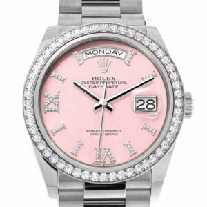  Day-Date 36 Pink Opal Diamond Dial Diamond Bezel White Gold President Watch 128349RBR