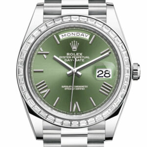 Day-Date 40 Olive Green Roman Dial 40 Baguette Diamond Bezel Platinum President Automatic Men's Watch 228396TBR 228396