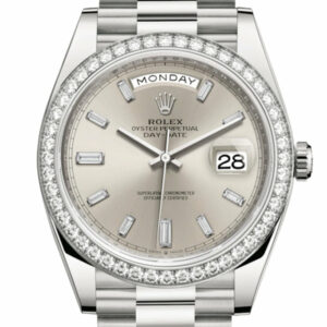 Day-Date 40 Silver Baguette Diamond Dial Diamond Bezel White Gold President Automatic Men's Watch 228349RBR 228349
