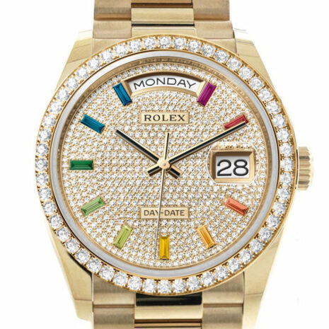  Day-Date 36 Paved Rainbow Sapphire Dial Gold Diamond Bezel Diamond President Watch 128348RBR-0030 128348RBR