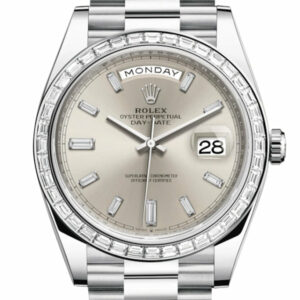 Day-Date 40 Silver Baguette Diamond Dial 40 Baguette Diamond Bezel Platinum President Automatic Men's Watch 228396TBR 228396