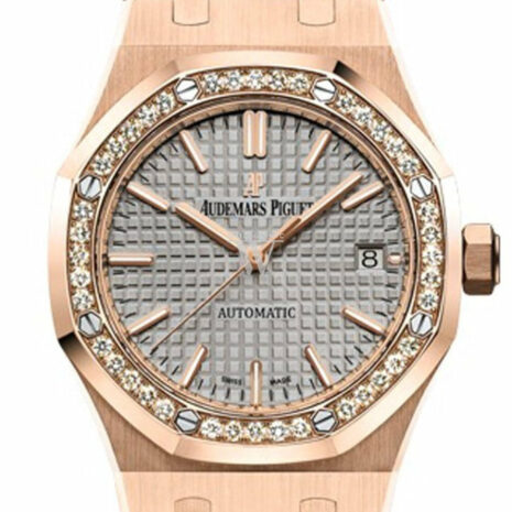 Audemars Piguet Royal Oak 37Mm Grey Nickel-Toned Dial Automatic 18K Pink Gold Ladies Diamond Watch