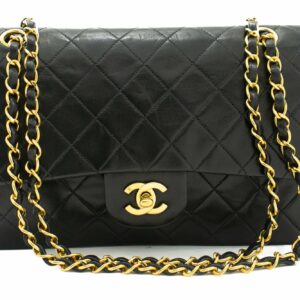 CHANEL Classic Double Flap 10" Chain Shoulder Bag Black Lambskin k03