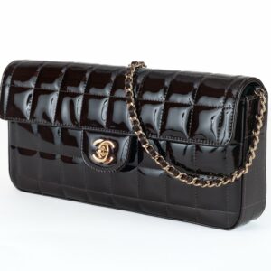 Chanel Brown Patent Leather  Chocolate Bar East West Flap Bag with Gold Hardware