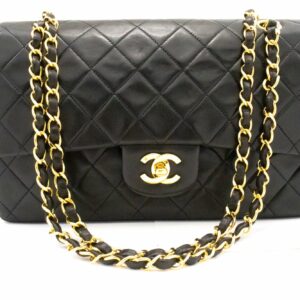 CHANEL Classic Double Flap 10" Chain Shoulder Bag Black Lambskin k74