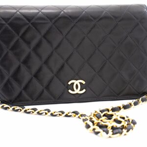 CHANEL Full Flap Chain Shoulder Bag Clutch Black Quilted Lambskin k78