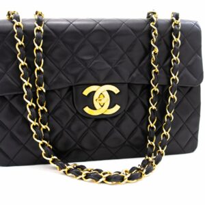 CHANEL Classic Large 13" Flap Chain Shoulder Bag Black Lambskin j74