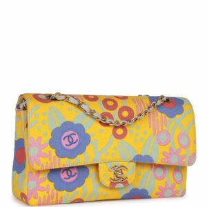 New Chanel Medium Classic Double Flap Bag Yellow and Multicolor Floral Print Canvas Gold Hardware