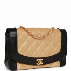 New Chanel Medium Diana Flap Bag Black and Beige Lambskin Gold Hardware