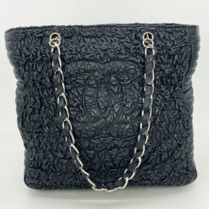 Chanel Astrakhan Black Leather Ruched Shopping Tote