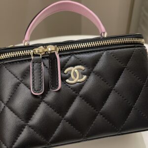 Chanel 23P Quilted Mini Vanity Rectangular Top Handle Black/ Pink Lambskin