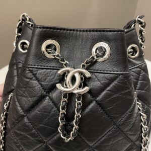 Chanel Cc Drawstring Bucket Chain Bag Black Aged Calfskin