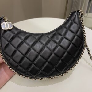 Chanel 23P Quilted Chain Around Hobo Bag Black Lambskin