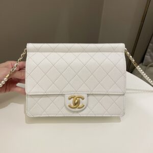 Chanel Pearl Chain Flap Bag White Stiff Lambskin