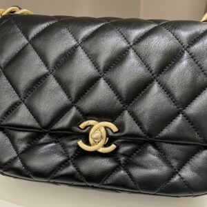 Chanel 22S Quilted Lacquered Chain Flap Bag Black Lambskin