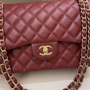 Chanel 18C Classic Quilted Jumbo Double Flap Iridescent Burgundy Caviar Leather