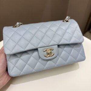 Chanel 22P Classic Quilted Small Double Flap Light Blue Caviar