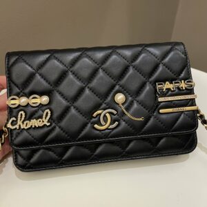 Chanel Coco Pearl Signature Wallet on Chain Black Lambskin