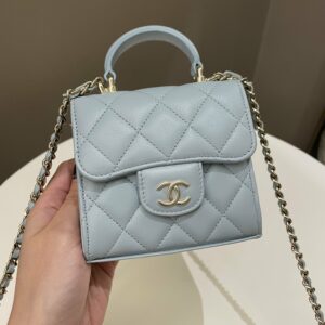 Chanel 22P Top Handle Clutch On Chain Baby Blue Lambskin