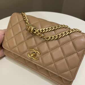 Chanel 22K Pearl Crush Wallet On Chain Dark Beige Lambskin