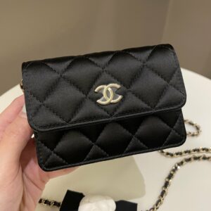 Chanel Camellia Bow VIP Clutch On Chain Black Satin