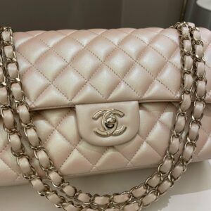 Chanel 21S Classic Quilted Medium Double Flap Iridescent Pearl Beige Calfskin