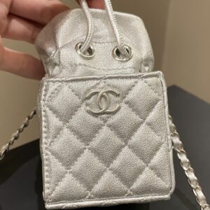 Chanel 22C Mini Clutch With Chain Metallic Silver Glazed Lambskin