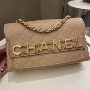 Chanel C H A N E L Lettering Flap Dark Beige Calfskin