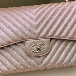 Chanel 17B Chevron Jumbo Double Flap Rose Gold Caviar