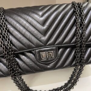 Chanel 2.55 226 So Black Chevron Reissue Double Flap Black Aged Calfskin
