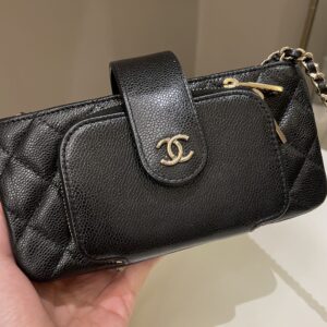 Chanel 22B Quilted Phone Holder With Chain Black Caviar