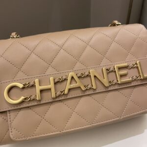 Chanel C H A N E L Lettering Flap Dark Beige Calfskin