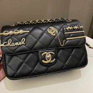 Chanel 22C Coco Pearl Signature Flap Black Lambskin