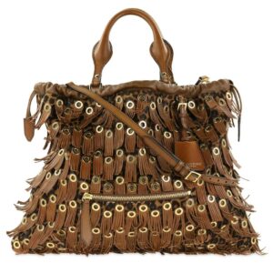 Burberry Prorsum Leopard Print Fringe Grommet Brown Calf Hair Tote