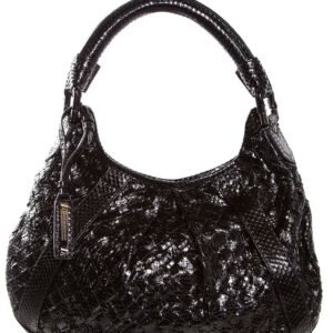 Burberry Woven Top Zip Closure Snake Black Snakeskin Leather Hobo Bag