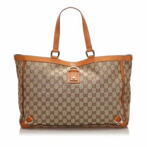 New Gucci Brown Beige Canvas Fabric GG Abbey D Ring Tote Bag Italy