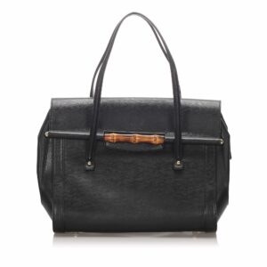 New Gucci Black Calf Leather Bamboo Bullet Tote Bag Italy