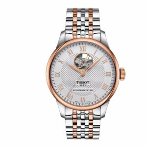 Tissot Le Locle Powermatic 80 Open Heart Stainless Steel Case with Rose Gold PVD coating Silver Dial Grey, Rose Gold 5N Strap see-through case back is engraved with a traditional Le Locle signature Gent Watch T0064072203302