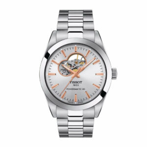 Tissot Gentleman Powermatic 80 Open Heart Stainless Steel Case Silver Dial Grey Strap Gent Watch T1274071103101