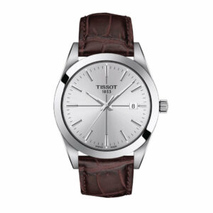 Tissot Gentleman Quartz Stainless Steel Case Silver Dial Brown Strap Gent Watch T1274101603101