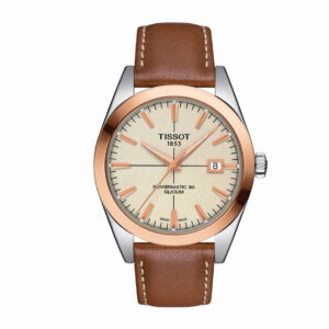 Tissot Gentleman Powermatic 80 Silicium Solid Stainless Steel Case Cream Opaline Dial Brown Strap Gent Watch T9274074626100