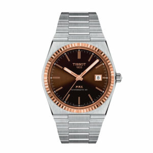 Tissot PRX Powermatic 80 Steel & 18K Gold Bezel Stainless Steel Case Graded Brown Black Dial Grey Strap Gent Watch T9314074129100