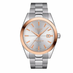 Tissot Gentleman Powermatic 80 Silicium Solid Stainless Steel Case with 18K Rose Gold bezel Silver Dial Grey Strap Gent Watch T9274074103100