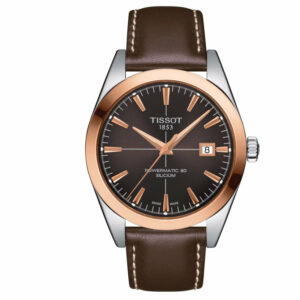 Tissot Gentleman Powermatic 80 Silicium Solid Stainless Steel Case Sunray Satinated Brown Dial Brown Strap Gent Watch T9274074629100