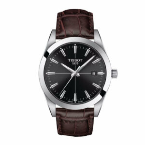 Tissot Gentleman Quartz Stainless Steel Case Black Dial Brown Strap Gent Watch T1274101605101