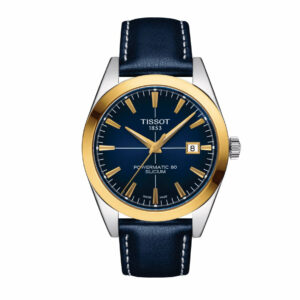 Tissot Gentleman Powermatic 80 Silicium Stainless Steel Case with 18K yellow gold bezel Blue Dial Blue Strap rotor is finely engraved with the “Waves of Time” decoration Gent Watch T9274074604101