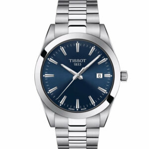 Tissot Gentleman Quartz Stainless Steel Case Blue Dial Grey Strap adorned with polished and satinated hour markers and a date window Gent Watch T1274101104100