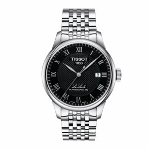 Tissot Le Locle Powermatic 80 Stainless Steel Case Black Dial Grey Strap exquisite elegance with details such as Roman numerals and a traditional Le Locle signature Men's Watch T0064071105300