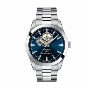 Tissot Gentleman Powermatic 80 Open Heart Stainless Steel Case Blue Dial Grey Strap Gent Watch T1274071104101
