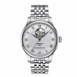 Tissot Le Locle Powermatic 80 Open Heart Stainless Steel Case Silver Dial Grey Strap see-through case back is engraved with a traditional Le Locle signature Men's Watch T0064071103302